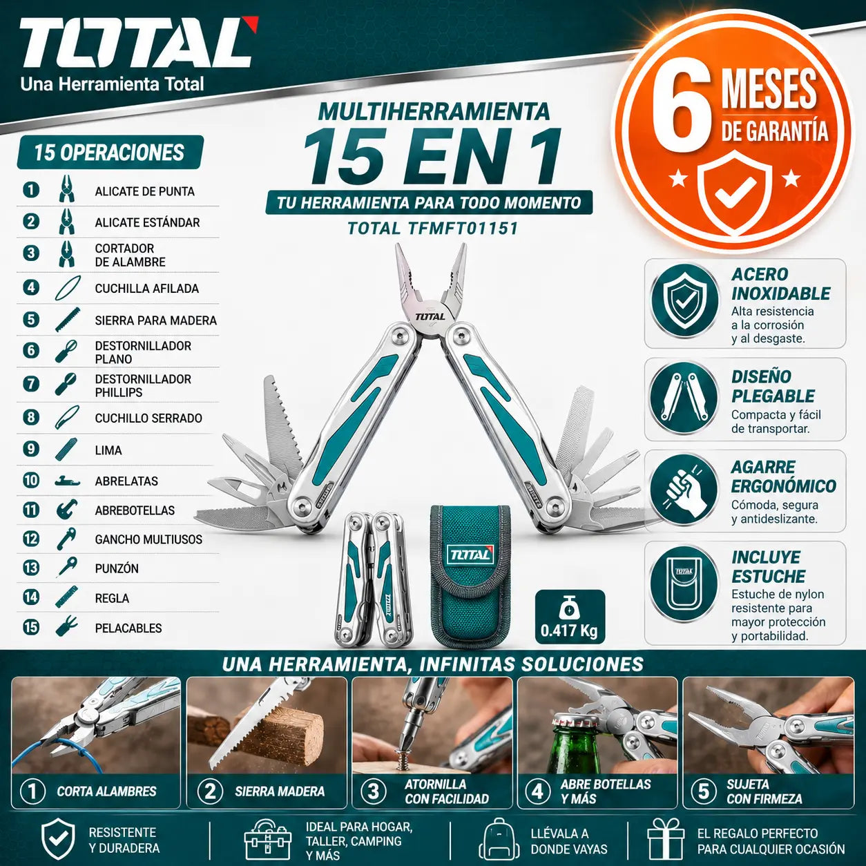 Pinza Multiusos 15 en 1 Total | 15 Herramientas en Tu Bolsillo